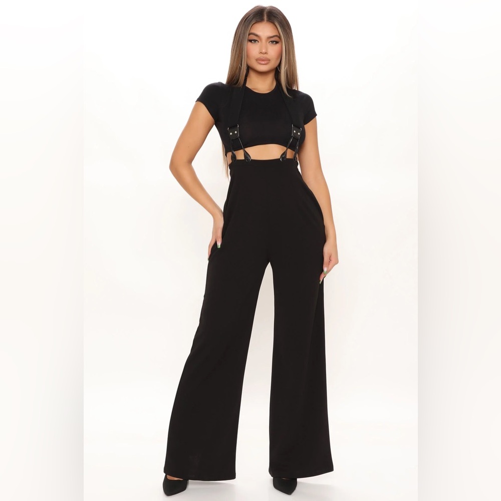 NWT Fashion Nova Work It Girl Wide Leg Overalls 33 | Black | Large